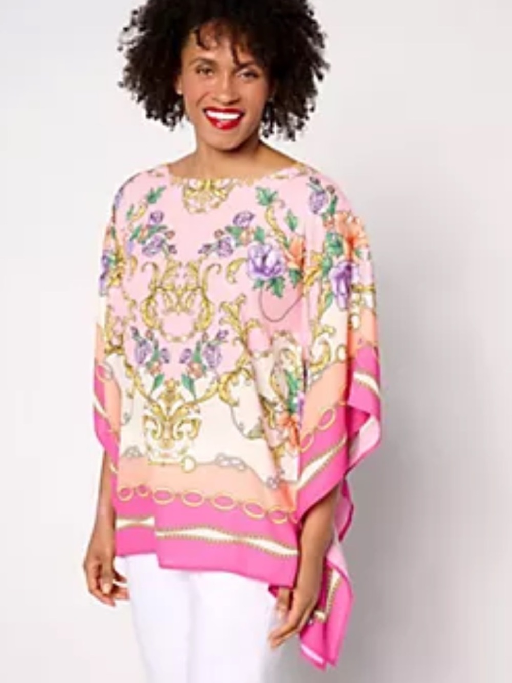 Women's Pink Floral Chain-Print Poncho Top